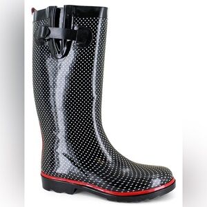 Capelli Polka Dot Rain Boots Black & White with Red Lining Adjustable Buckle, 7